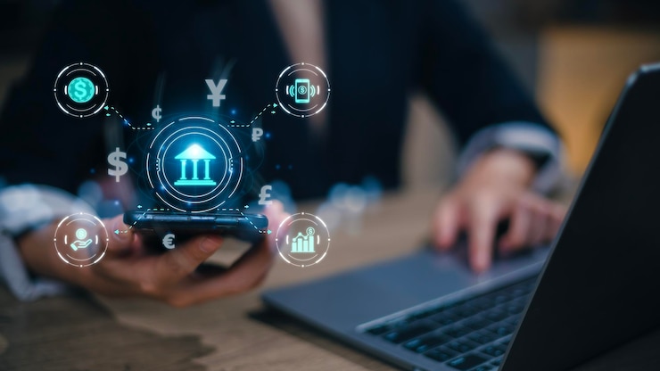 Photo fintech financial technology on smartphone concept hand with smartphone and text fintech and financial icons on the futuristic virtual interface screen