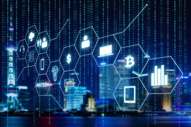 fintech icon and internet of things with matrix code backgroundxa investment and financial internet technology concept