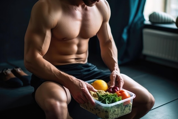 Fintech Man In Gym Shorts Zit Met Lunchbox Van Gezond Voedsel Bovenaanzicht Close-up Generatieve AI