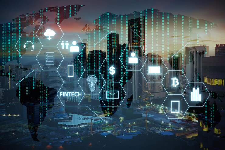 Foto fintech-pictogram en internet van dingen met matrixcode-achtergrondxa investeringen en financieel internettechnologieconcept