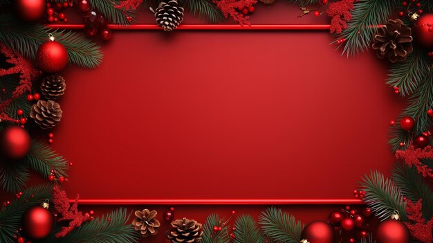 Fir border with a red background for christmas or new year's ornamental frame with text copy space generative ai