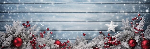 Fir Branches Adorned with Red Ornaments Resting on a Snowy Plank A Wintry Background