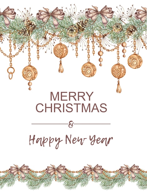 Fir branches grass cones balls chains and bows for new year and christmas watercolor illustration