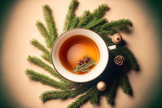 Fir branches in top view a cup of tea with Christmas tree decorations on a beige backdrop