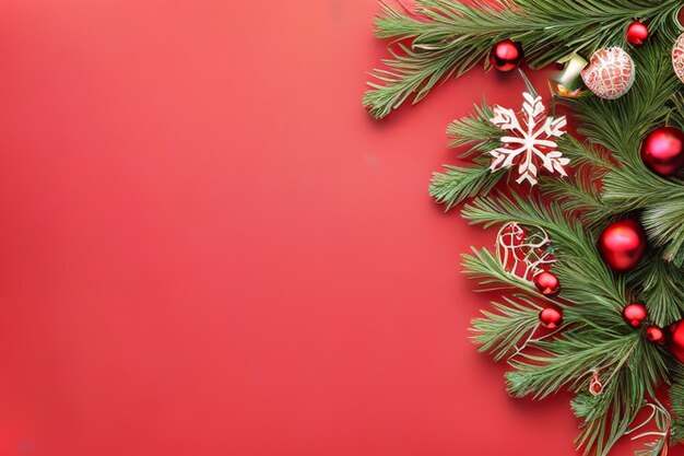 Fir branches with Christmas decoration on red background