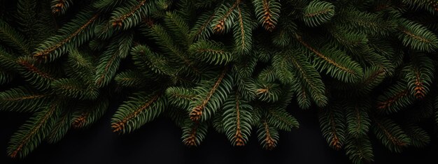 Fir branches with scattered pinecones set against a rich black backdrop highlighting nature's intricate details and patterns