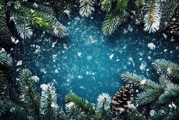 Fir branches with snow Winter background