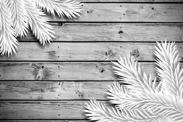 Fir branches on wooden planks