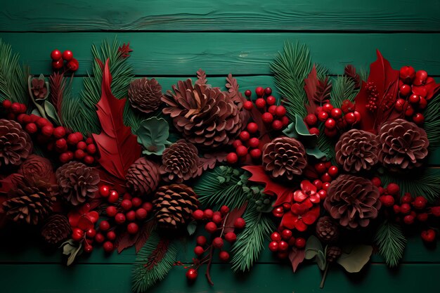 fir cones and autumn leaves on a background of painted wood