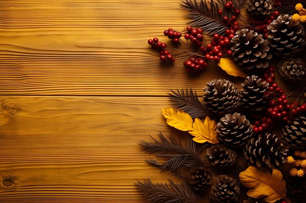 fir cones and autumn leaves on a background of painted wood