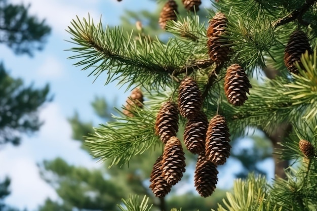 Fir cones hang on branches against the background of sky