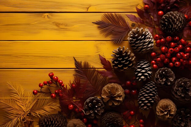 fir cones and leaves on the background of wooden boards