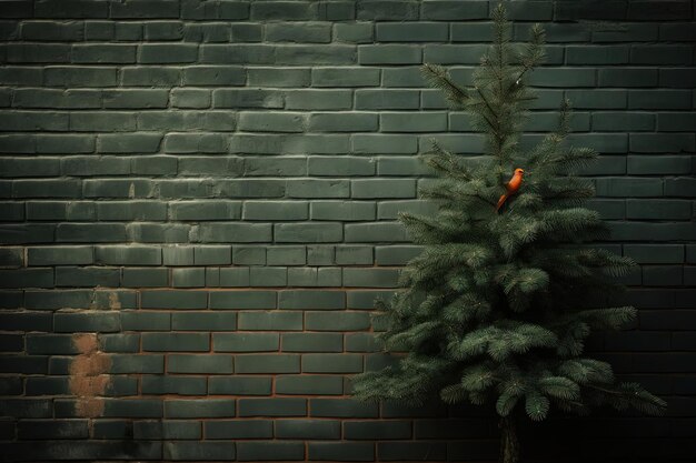 fir tree against a brick wall photo in the style of cold and detached atmosphere