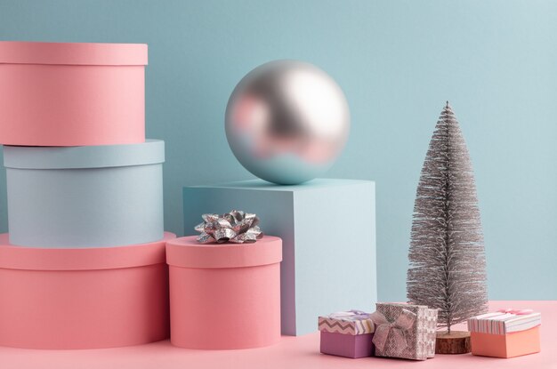 Fir tree, ball, round and square gift boxes