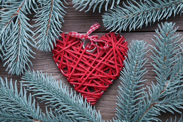 Fir tree branch with a red heart on a grey background.