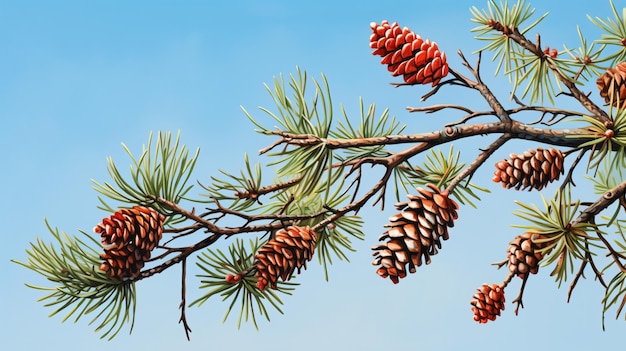Fir tree branch with red immature cones under blue sky