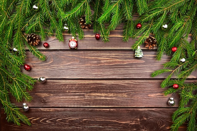 Fir tree branches with christmas decorations