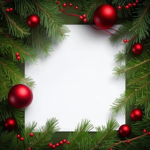 Fir tree branches with red christmas balls frame stock photo Christmas