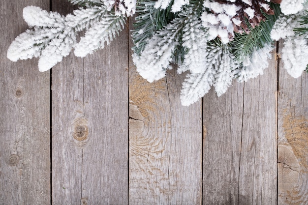 木の板に雪に覆われたモミの木