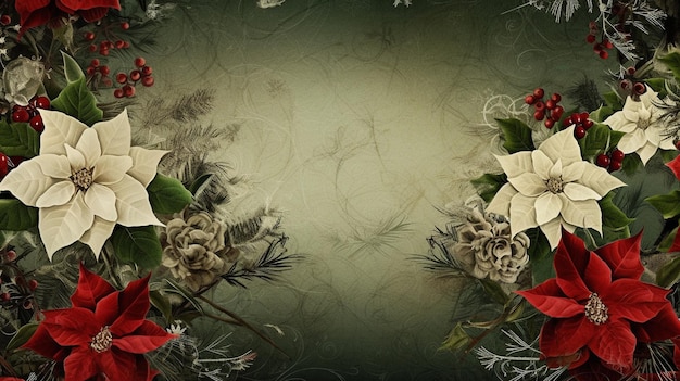 Foto ramoscelli di abete e bordi di fiori di poinsettia su sfondo semplice con spazio di copia generativo ai