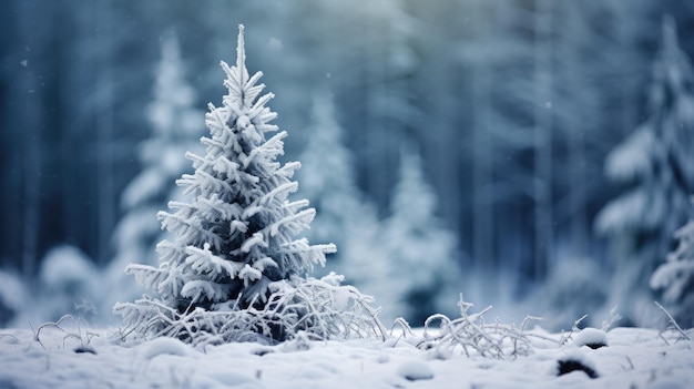 겨울 숲 속의 전나무는 서리가 내린 크리스마스 날 신선한 눈으로 덮였습니다. 아름다운 겨울 풍경