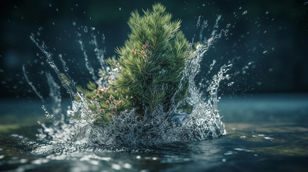 Fir tree with splashes of water on a dark backgroundgenerative ai