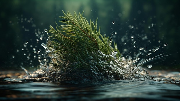 Ель с брызгами воды на темном фоне.