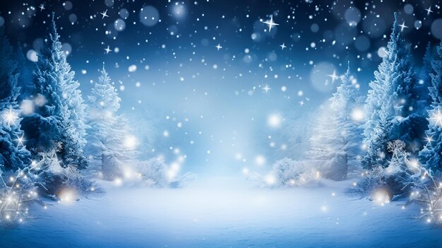 Сосновые деревья, покрытые снегом на зимнем рождественском фоне в синих цветах