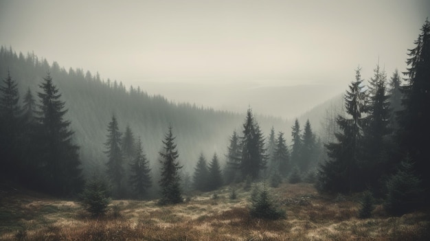 Fir trees in the fog in the mountains High quality