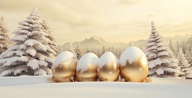 fir trees and golden eggs in the snow in the style of soft and dreamy depictions