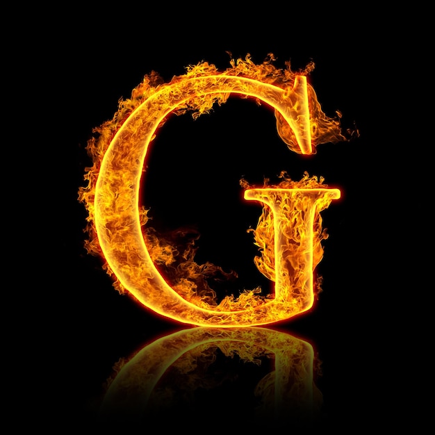 Fire alphabet letter G isolated on black background.