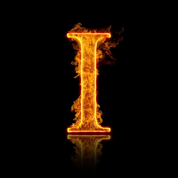 Fire alphabet letter I isolated on black background.