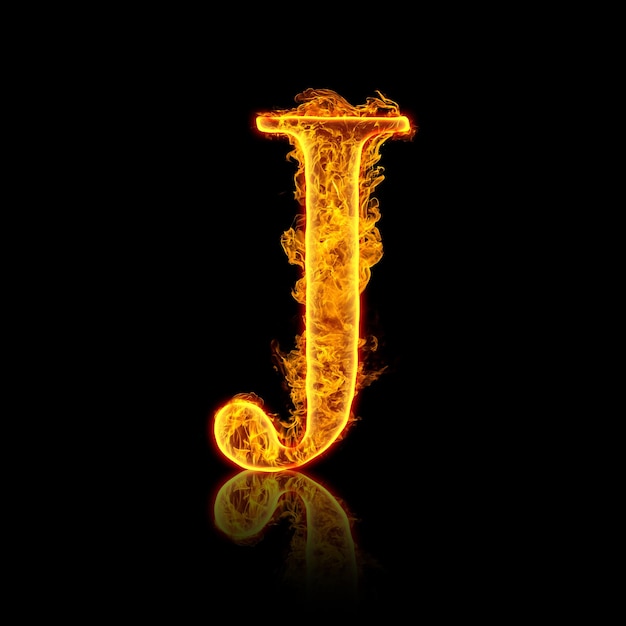 Fire alphabet letter J isolated on black background.