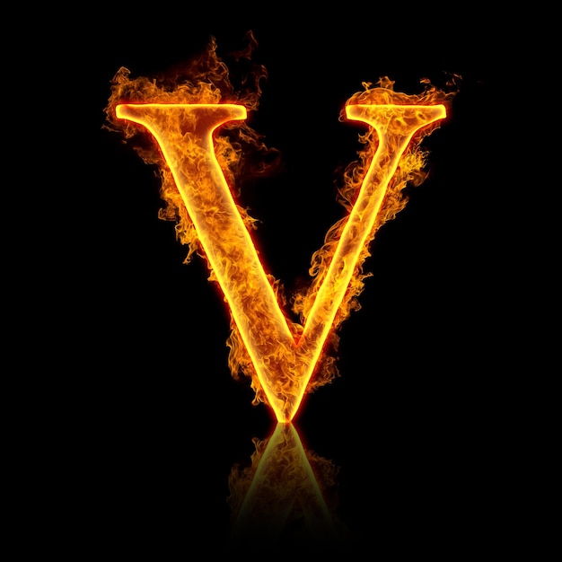 Fire alphabet letter V isolated on black background.