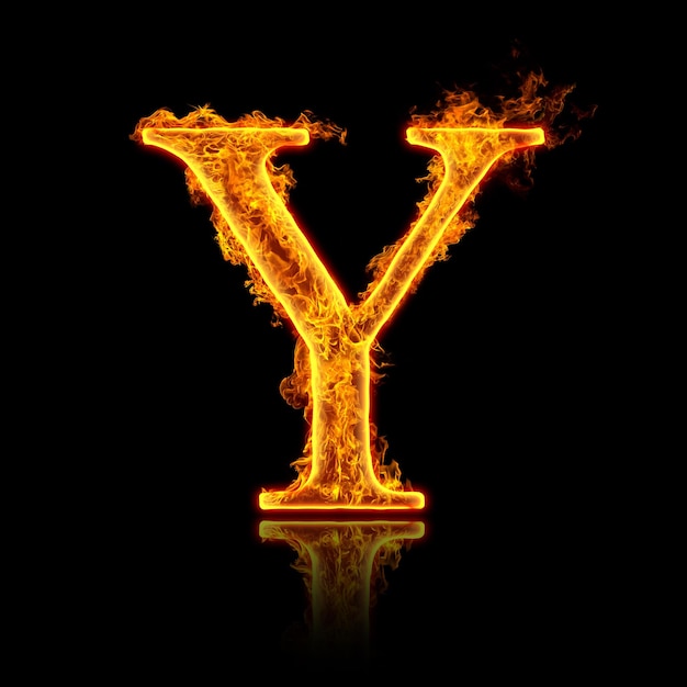 Fire alphabet letter Y isolated on black background.