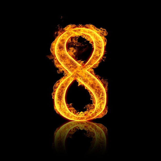 Fire alphabet number 8 eight isolated on black background.