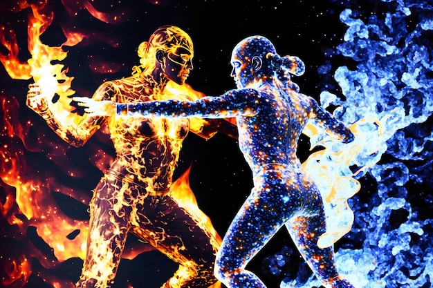 写真 人々が戦う姿をした火と水 陰陽シンボル aiが生成したニューラルネットワーク