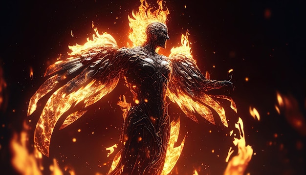 A fire angel with wings on its wings