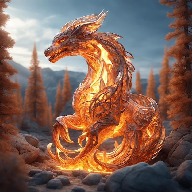 A fire animal statue on a mountain