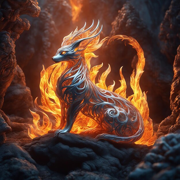 Photo a fire animal statue on a mountain