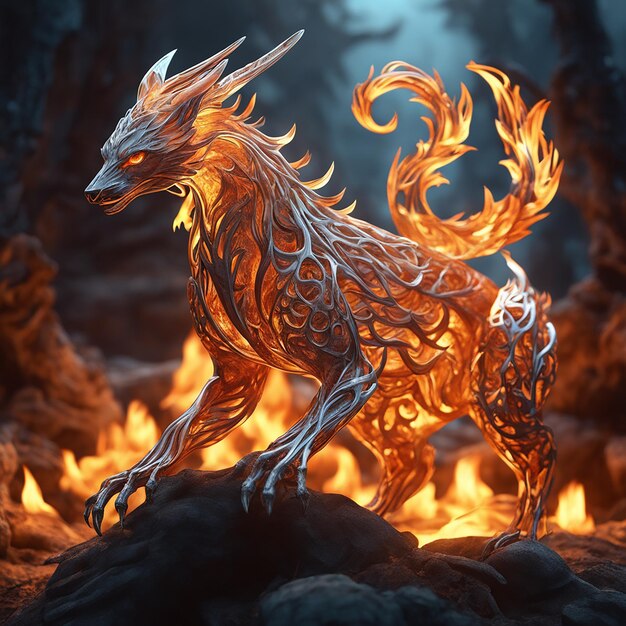 A fire animal statue on a mountain