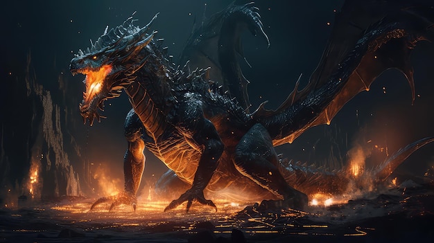 Fire breathes explode from a giant dragon in a black night Generative Ai