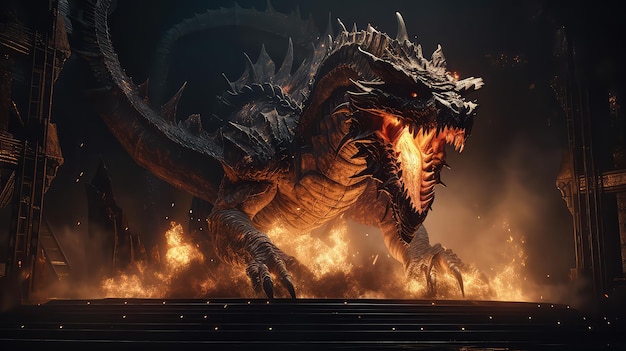 Fire breathes explode from a giant dragon in a black night Generative Ai