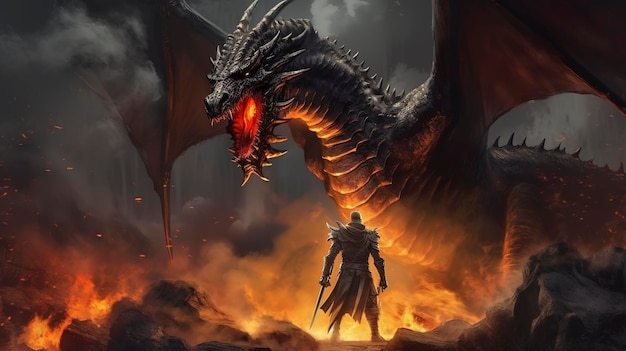 Fire breathes explode from a giant dragon on a heroic medieval knight on a horse in a black night the epic battle between good and evil concept art 3D rendering generate ai