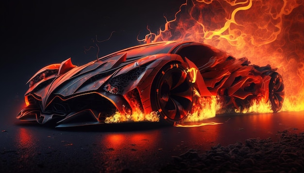 Photo a fire - breathing batmobile is burning on a black background.