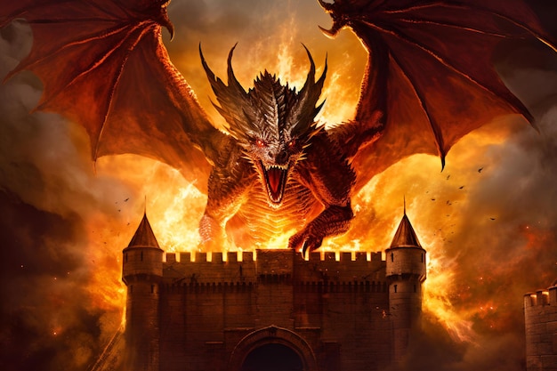 暗闇の城の上に大きな翼を持つ火を吐くドラゴン AI 生成