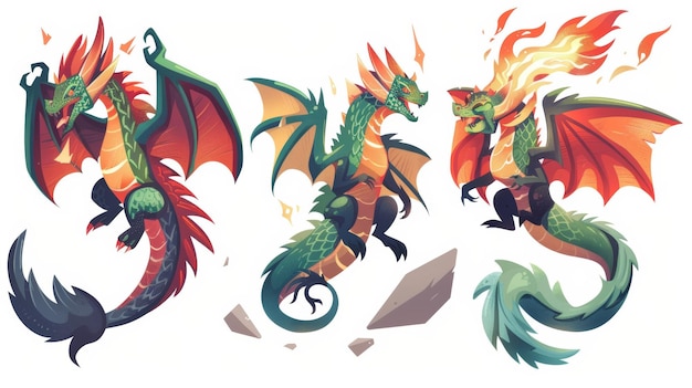 Fire breathing monsters from medieval mythology fantasy red and green flying beasts isolated on white background Illustration of fairy tale dragons with tails and wings