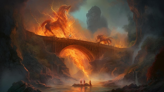 A fire on a bridge with a horse on it