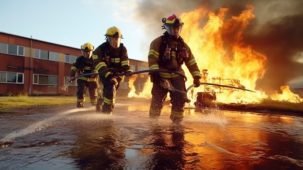 Photo fire brigade training and drill exercises