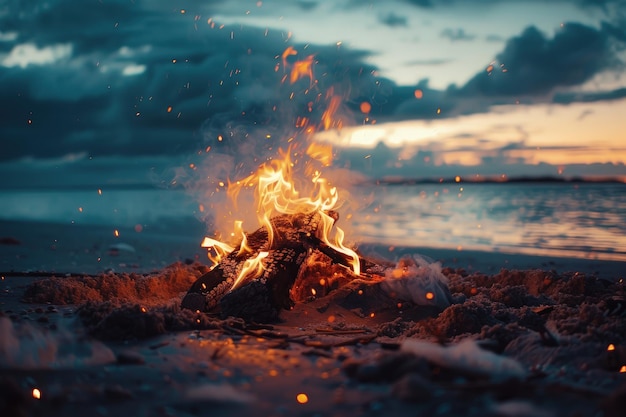 Photo a fire burning on a beach next to a body of water